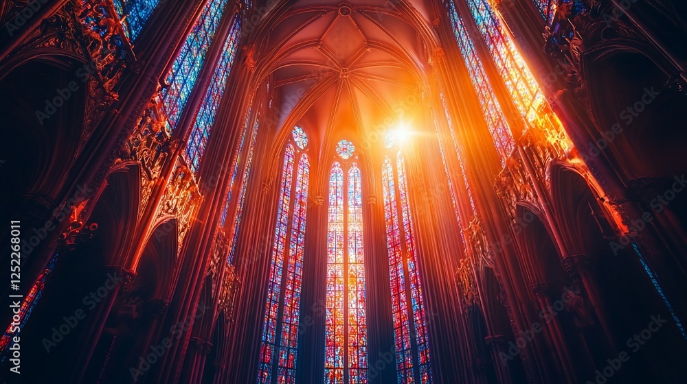 Obraz premium Sunlight through stained glass in Gothic cathedral interior