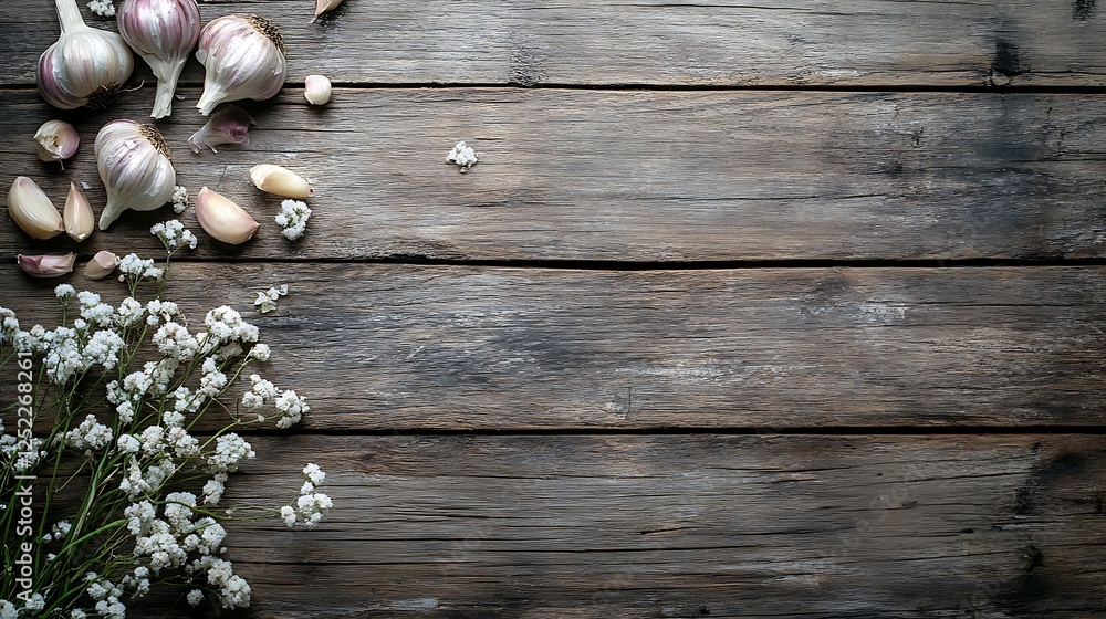 Rustic Garlic and Flowers on Wooden Background Rustic Garlic and Flowers on Wooden Background