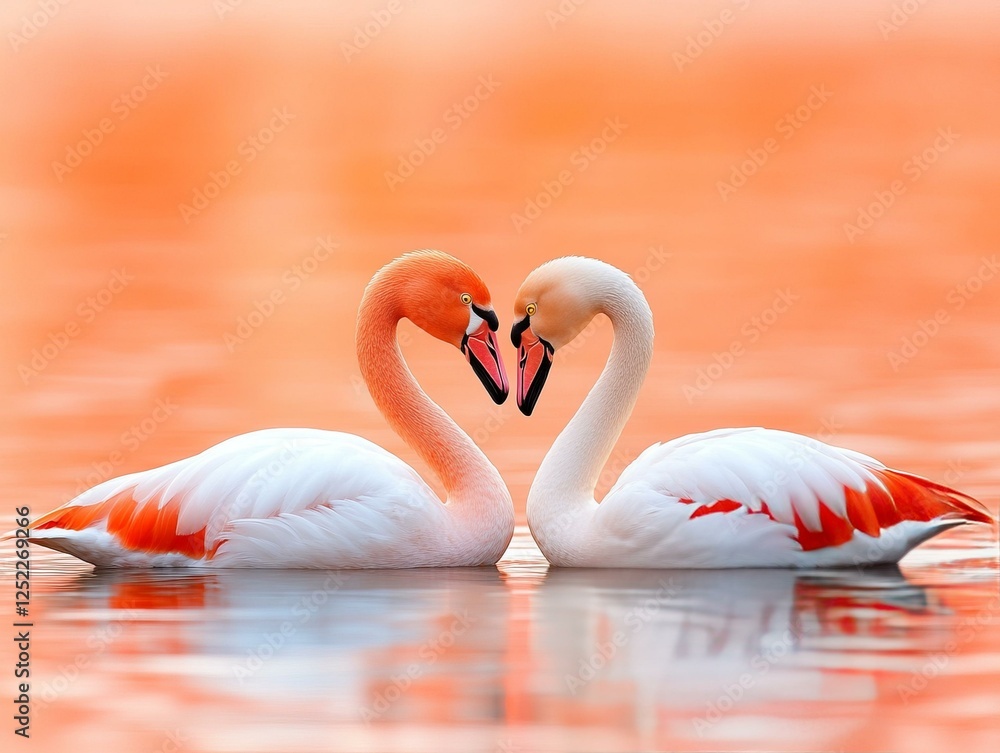 Fototapeta premium Serene Lake Romance Close-Up Wildlife Photography of Flamingos in Tranquil Natural Setting