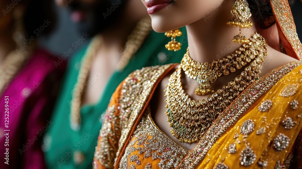Obraz premium Close-up of elegantly dressed individuals in traditional attire showcasing intricate jewelry and vibrant colors