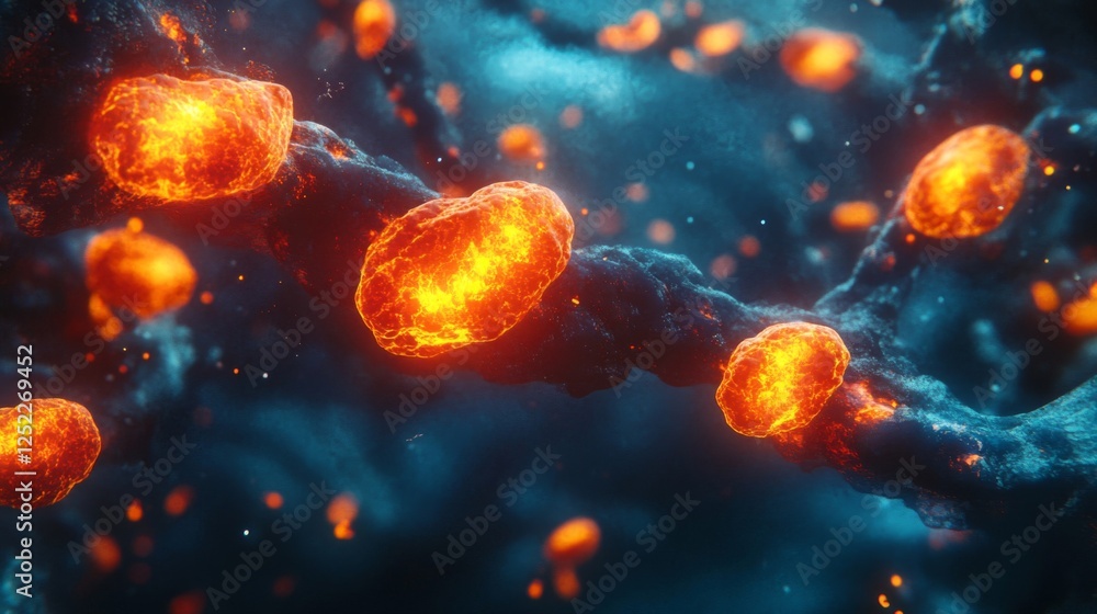 Fototapeta premium Abstract Microscopic View of Glowing Orange Blood Cells in Blue Fluid Background