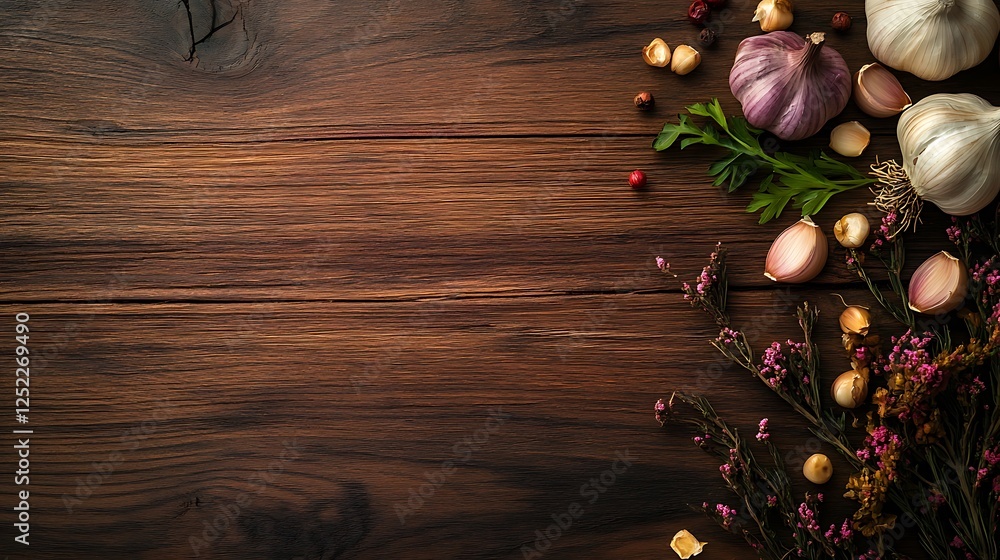 Rustic Garlic and Herbs on Wooden Background Rustic Garlic and Herbs on Wooden Background