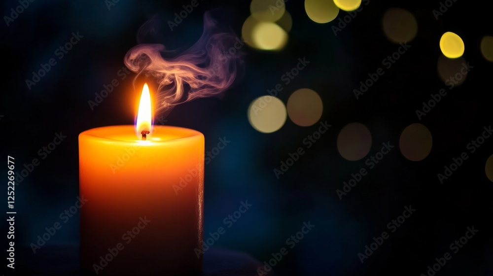 Candle with soft flame and smoke against blurred bokeh lights at night. Peace and tranquility concept Candle with soft flame and smoke against blurred bokeh lights at night. Peace and tranquility concept