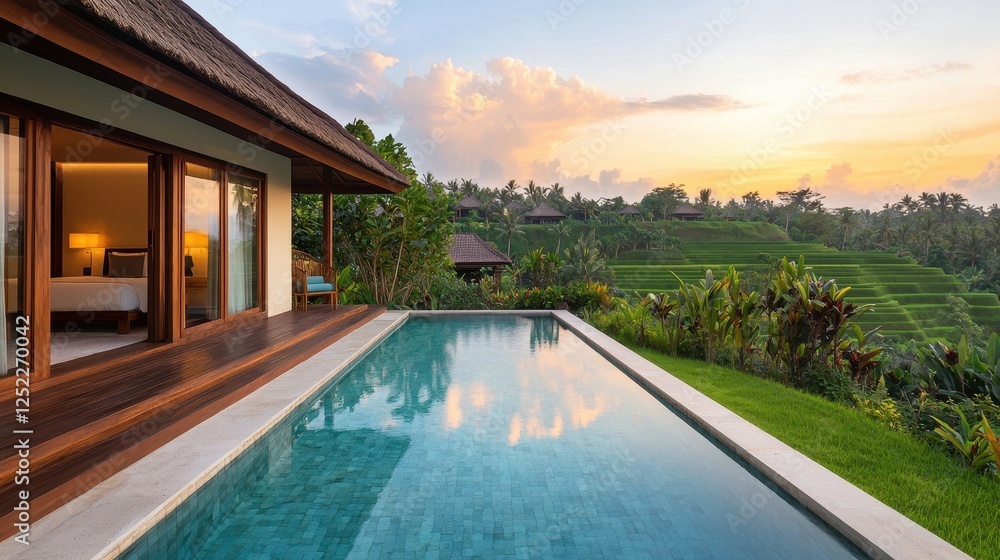 Obraz premium A serene villa with a pool, overlooking lush greenery and a sunset sky, creating a tranquil escape in nature.