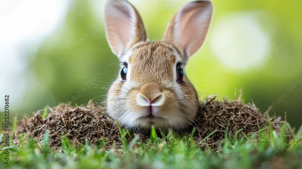 Cute bunny peeking from grassy nest in garden. Possible use children's book illustration, educational materials, Easter card Cute bunny peeking from grassy nest in garden. Possible use children's book illustration, educational materials, Easter card