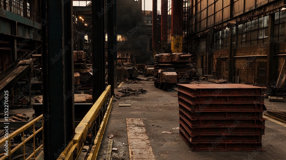 Fototapeta premium Abandoned industrial warehouse with debris and smoke, showcasing remnants of machinery and structures