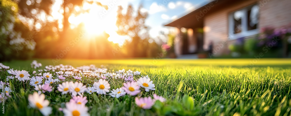 Fototapeta premium Sunset daisies, home lawn, idyllic