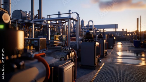 Wallpaper Mural Industrial facility at sunset showcasing machinery and pipes with city skyline in background Torontodigital.ca