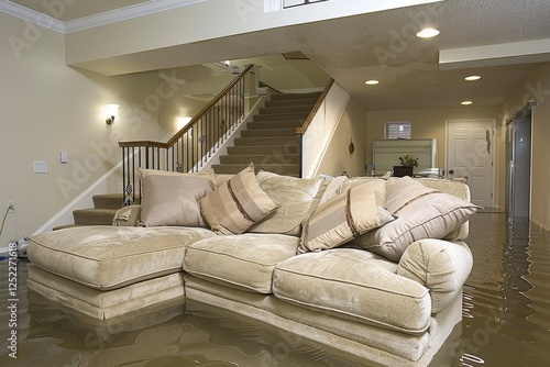 A flooded basement features a submerged sectional couch, highlighting water damage and the need for restoration.