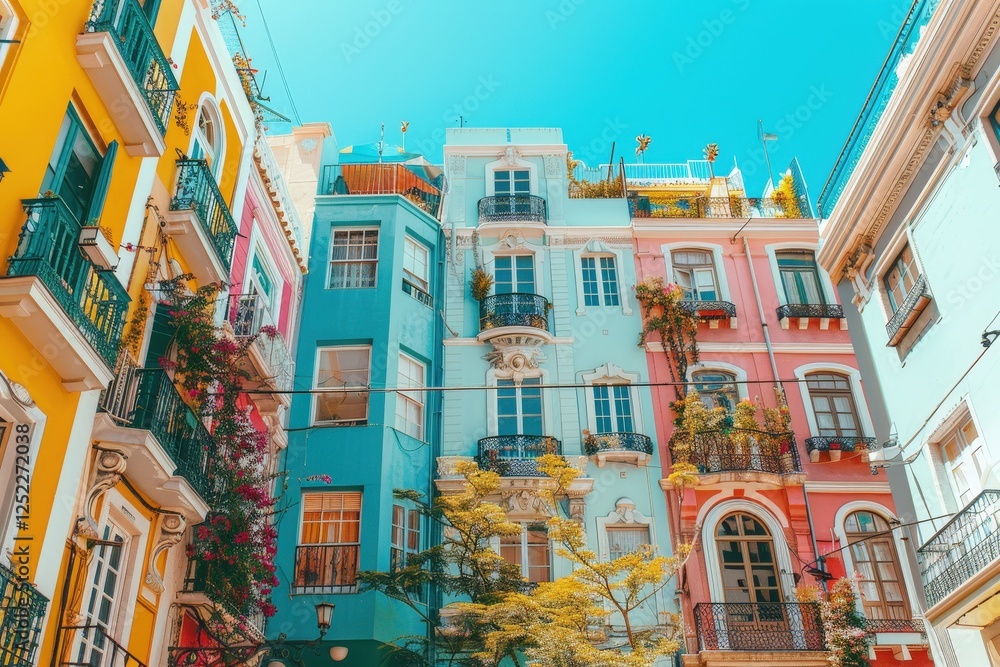 Obraz premium Colorful buildings under a bright blue sky, showcasing vibrant architecture and greenery, creating a picturesque urban scene.