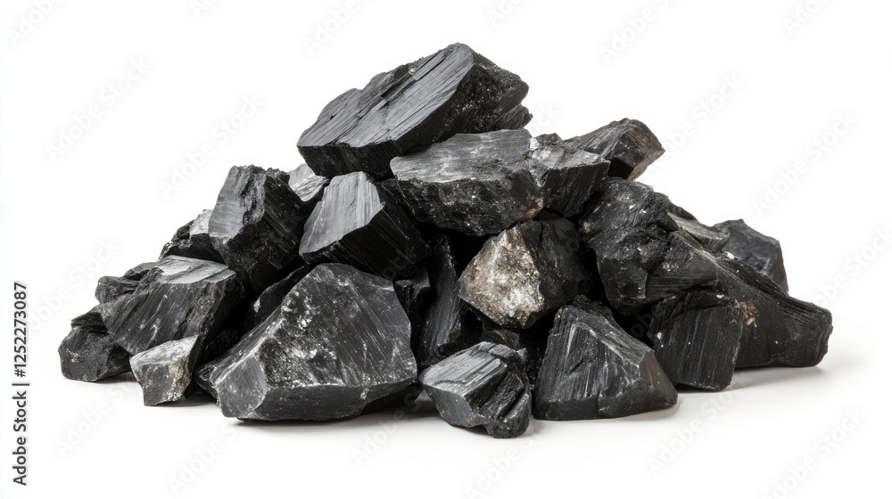 Black mineral rocks pile, white background, geology sample Black mineral rocks pile, white background, geology sample