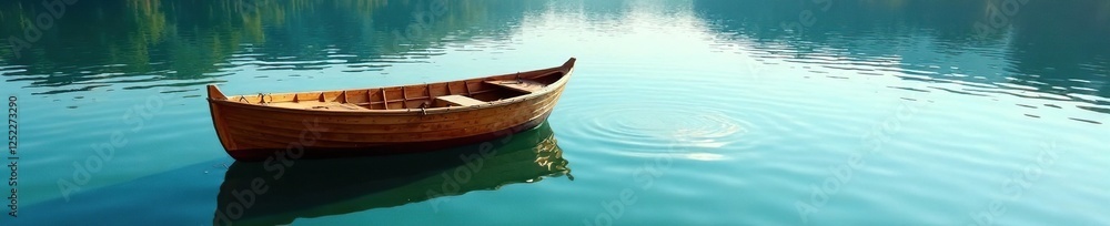A small wooden boat floats on the lake's surface, boat, water, calm A small wooden boat floats on the lake's surface, boat, water, calm