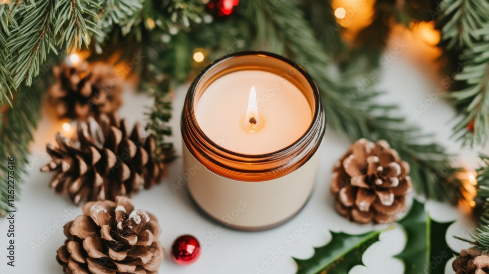 A Warm and Cozy Christmas Candle Surrounded by Pinecones, Holly, and Festive Greenery in a Holiday-Themed Setting A Warm and Cozy Christmas Candle Surrounded by Pinecones, Holly, and Festive Greenery in a Holiday-Themed Setting