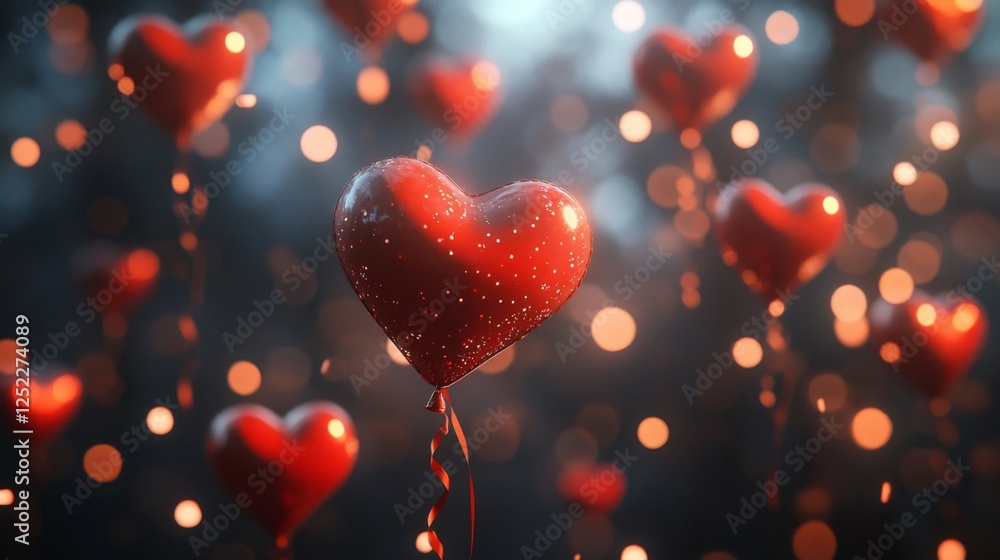 Obraz premium Numerous Red Heart Shaped Balloons Floating Against a Dark Backdrop with Bokeh Light Details