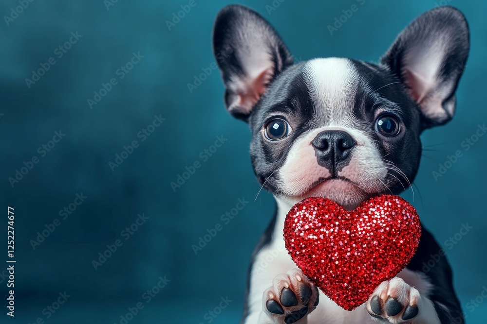 Boston terrier - my treasured dog. Cute boston terrier dog with sparkling rhinestones red heart - sign of love, funny greeting card. Ad campaign creative. Valentine's puppies photoshoot. Boston terrier - my treasured dog. Cute boston terrier dog with sparkling rhinestones red heart - sign of love, funny greeting card. Ad campaign creative. Valentine's puppies photoshoot.