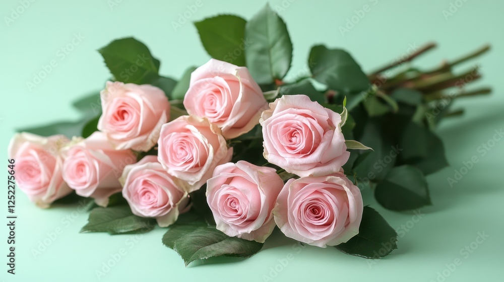Bouquet of light pink roses on a mint green background. Bouquet of light pink roses on a mint green background.
