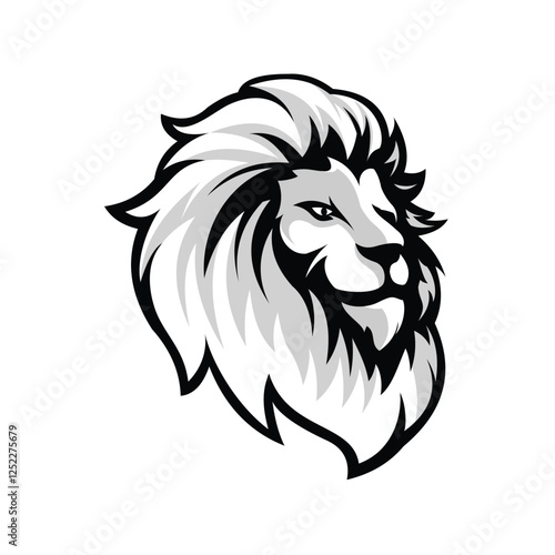 Lion head facing sideways with thick mane, combination of gray colors, illustrator logo design
