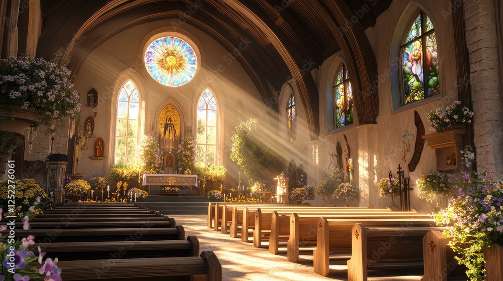 Fototapeta premium An empty church with soft light streaming through stained-glass windows, illuminating the pews and altar, evoking a peaceful Easter atmosphere.