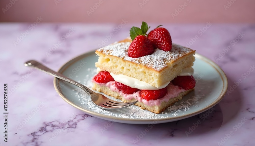 A tempting slice of strawberry shortcake, featuring fresh strawberries on top, celebrating the flavors of spring A tempting slice of strawberry shortcake, featuring fresh strawberries on top, celebrating the flavors of spring