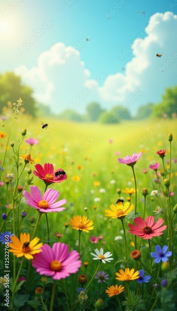 serene summer field with a variety of colorful wildflowers and bees, landscape, summer meadow serene summer field with a variety of colorful wildflowers and bees, landscape, summer meadow