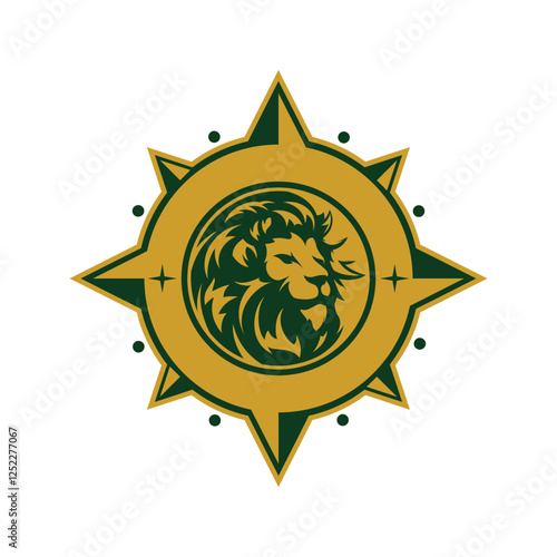 Lion head facing sideways inside a gold and green compass circle illustrator logo design