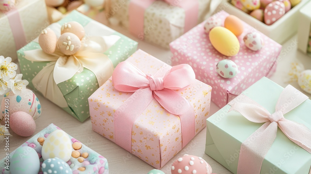 A close-up of Easter gift boxes wrapped in pastel paper with decorative bows, small candies, and floral embellishments. A close-up of Easter gift boxes wrapped in pastel paper with decorative bows, small candies, and floral embellishments.