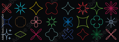 Brutalist abstract geometric shapes and grids. Brutal contemporary figure star oval spiral flower and other primitive elements. Swiss design aesthetic. Bauhaus memphis design.  Y2K retro badges. 