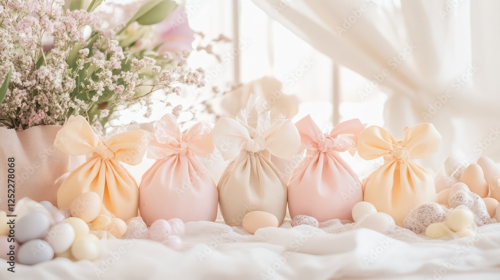 A cozy Easter favor setup with small decorative pouches filled with chocolates, delicate hand-tied bows, and a pastel backdrop. A cozy Easter favor setup with small decorative pouches filled with chocolates, delicate hand-tied bows, and a pastel backdrop.