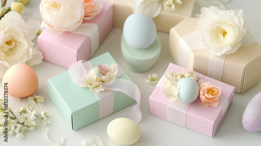 A delicate and elegant Easter favor display with soft pastel gift boxes, adorned with silk flowers and vintage-style ribbons. A delicate and elegant Easter favor display with soft pastel gift boxes, adorned with silk flowers and vintage-style ribbons.
