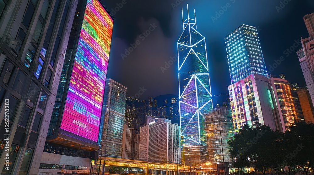 Obraz premium Vibrant Hong Kong Nightscape: Skyscrapers Illuminated