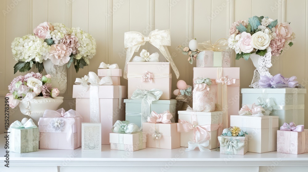 A delicate and elegant Easter favor display with soft pastel gift boxes, adorned with silk flowers and vintage-style ribbons. A delicate and elegant Easter favor display with soft pastel gift boxes, adorned with silk flowers and vintage-style ribbons.