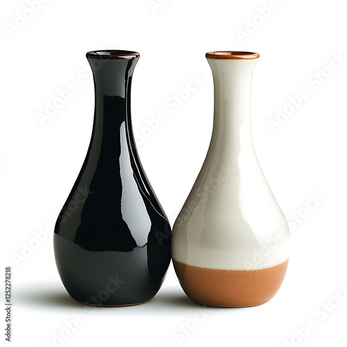 Elegant Pair of Ceramic Soy Sauce Bottles in Dark Brown and Cream