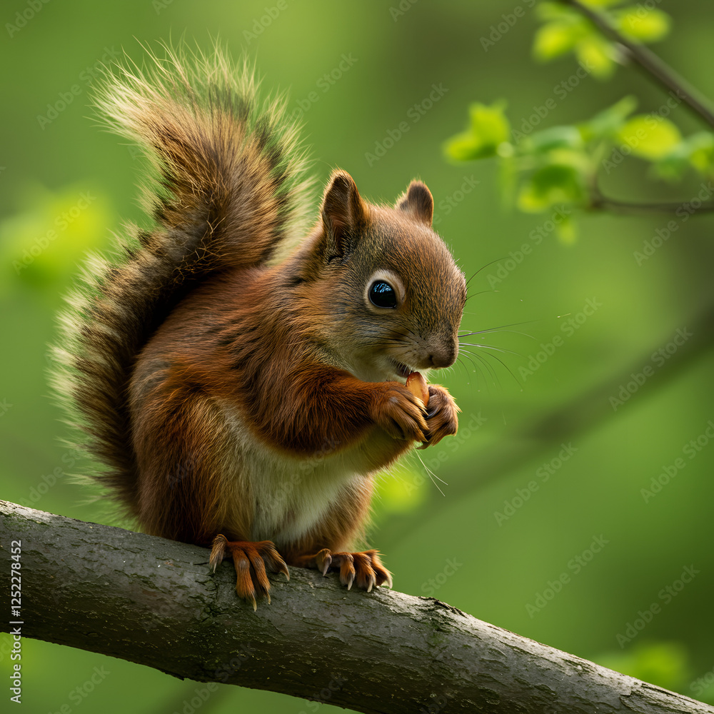 Cute red squirrel, Sciurus vulgaris, eating a nut in a green spring forest with copy space. Lovely wild animal with long ears and fluffy tail feeding in ... Cute red squirrel, Sciurus vulgaris, eating a nut in a green spring forest with copy space. Lovely wild animal with long ears and fluffy tail feeding in ...