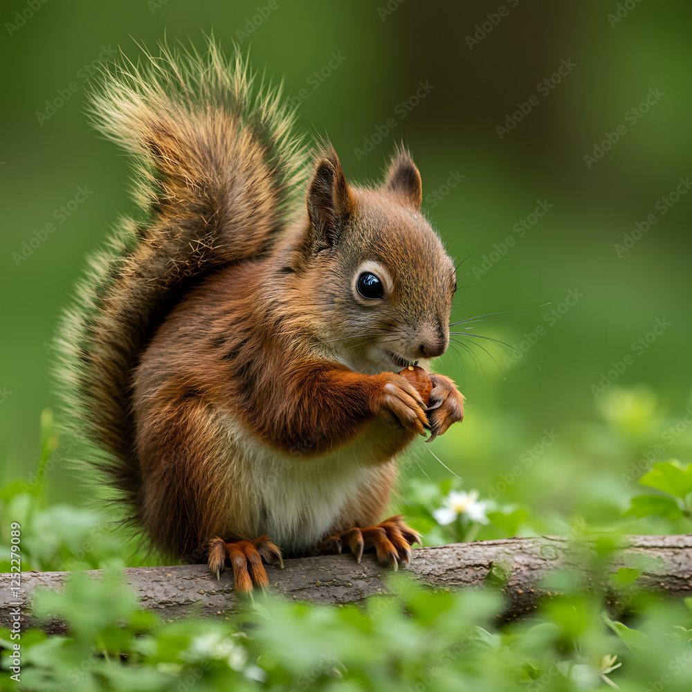 Cute red squirrel, Sciurus vulgaris, eating a nut in a green spring forest with copy space. Lovely wild animal with long ears and fluffy tail feeding in ... Cute red squirrel, Sciurus vulgaris, eating a nut in a green spring forest with copy space. Lovely wild animal with long ears and fluffy tail feeding in ...