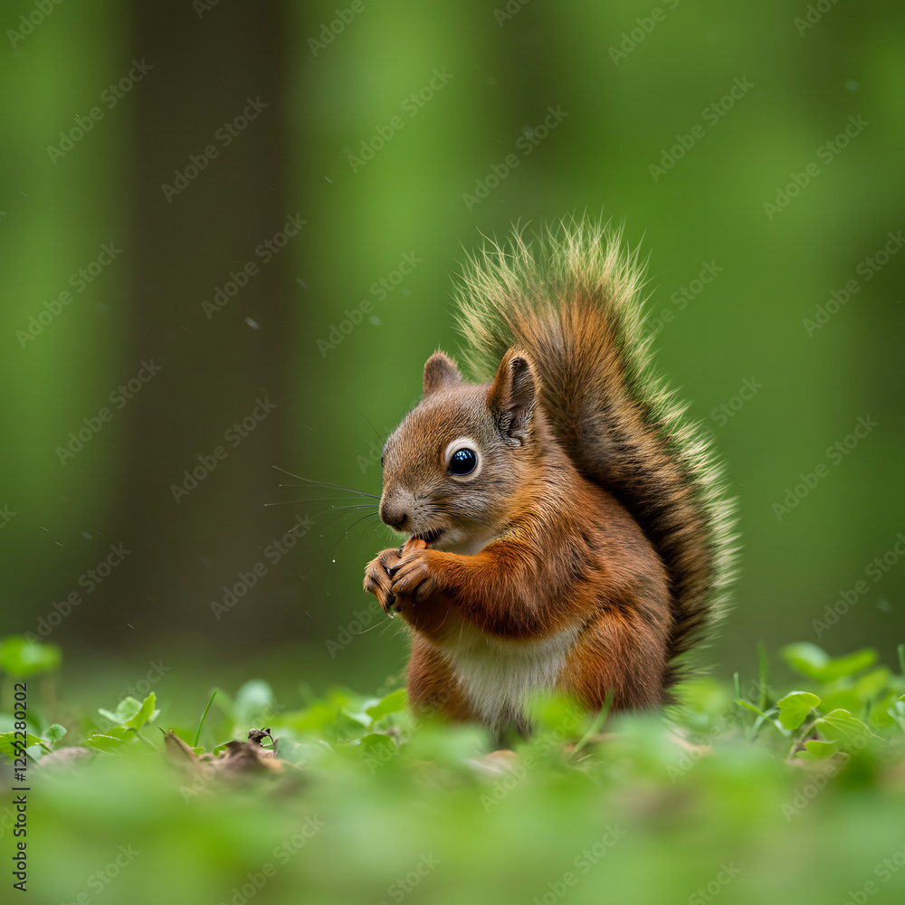 Fototapeta premium Brown Squirrel Eating Nuts in Green Forest