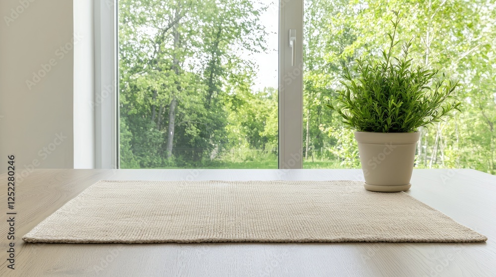 Beige Table Mat in Front of Window with Green Trees. Possible Use Displaying a neutral color and natural scenes for products, home furnishing or interior design Beige Table Mat in Front of Window with Green Trees. Possible Use Displaying a neutral color and natural scenes for products, home furnishing or interior design
