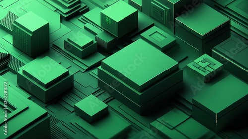 Abstract Green Geometric Composition: A 3D Rendering of Interlocking Cubes and Rectangles