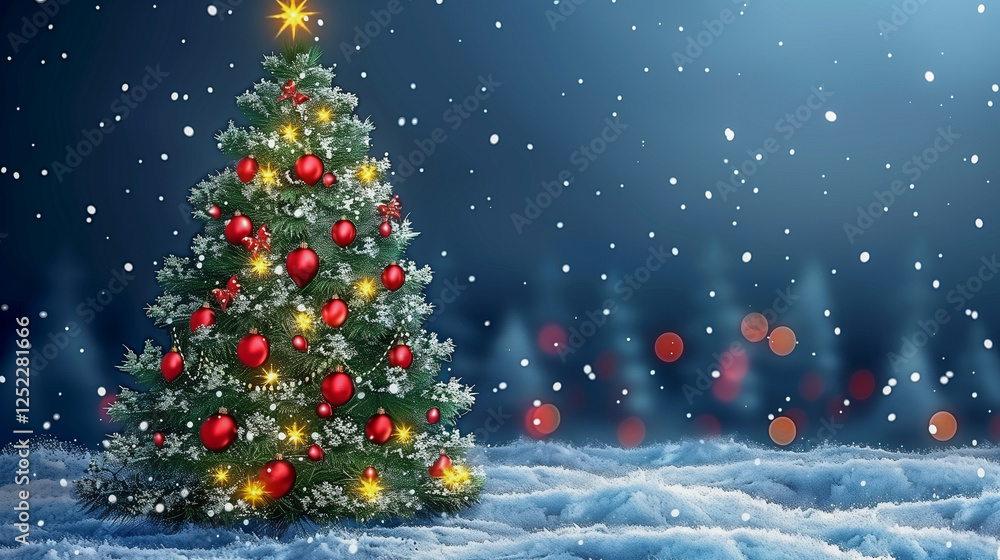 Obraz premium Festive Christmas Tree with Lights and Snowy Background