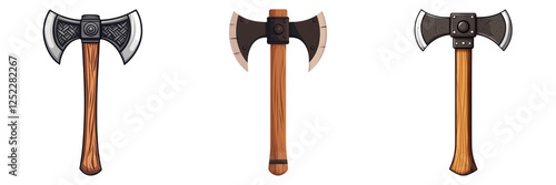 Nordic Viking axes with wooden handles, showcasing historical weapon designs