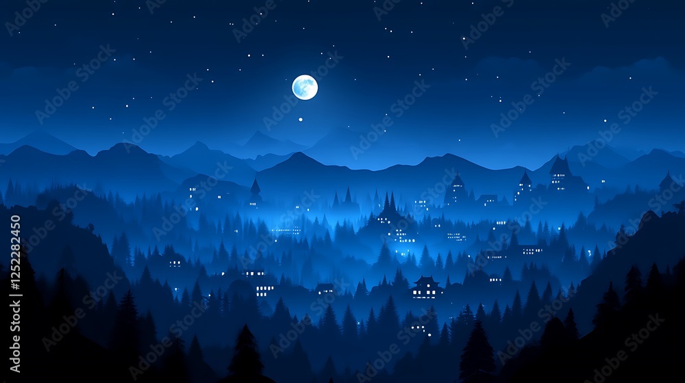 Fototapeta premium Nighttime Village nestled in Mountains under a Full Moon