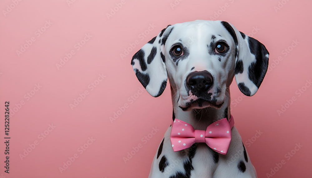Dalmatian dog wearing a pink bow tie against Dalmatian dog wearing a pink bow tie against