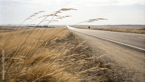 Dry grass swaying in the breeze on a deserted road, windy landscape, desolate terrain, overgrown vegetation photo