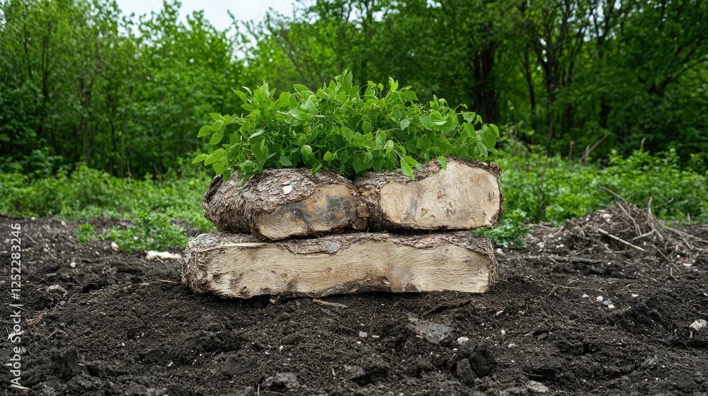 Plants sprouting from stacked wood logs in a garden Plants sprouting from stacked wood logs in a garden