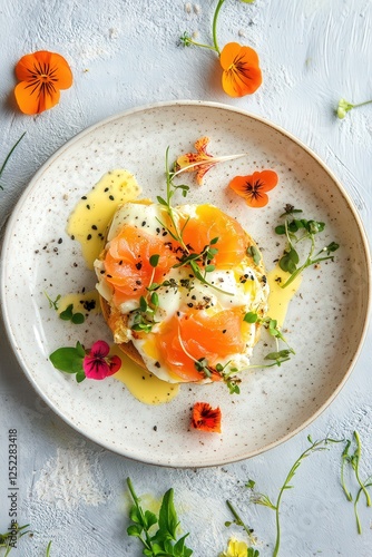 A modern brunch plate featuring eggs Benedict with smoked salmon, hollandaise sauce, and microgreens, plated beautifully on a ceramic dish photo