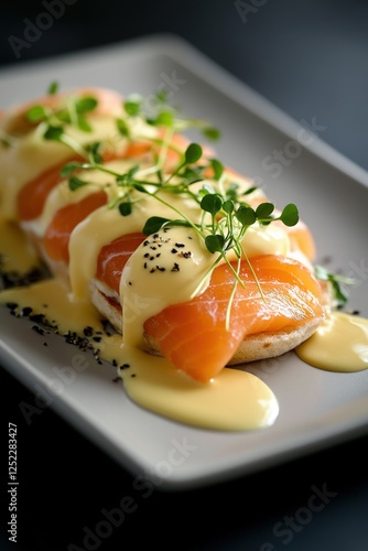 A modern brunch plate featuring eggs Benedict with smoked salmon, hollandaise sauce, and microgreens, plated beautifully on a ceramic dish photo