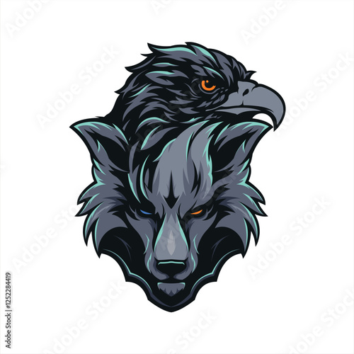 Eagle head and wolf head combined illustration logo design