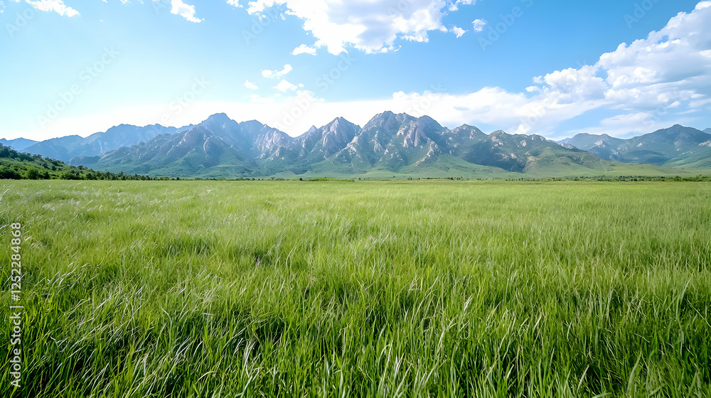 Fototapeta premium Mountain meadow landscape, sunny day, green grass, scenic view, nature background