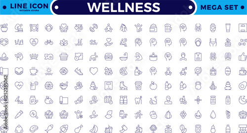 Set of outline icons related to wellness, wellbeing, mental health, healthcare, cosmetics, spa, medical, massage, yoga, spa, relaxation,  exercise, and diet. Editable stroke outline icon.