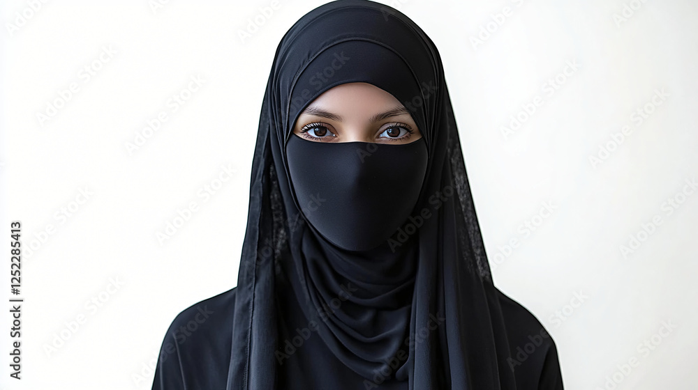 A portrait of a woman in a black niqab, ideal for campaigns promoting modest fashion and cultural awareness. Use for Eid celebrations, fashion marketing, or religious events. A portrait of a woman in a black niqab, ideal for campaigns promoting modest fashion and cultural awareness. Use for Eid celebrations, fashion marketing, or religious events.