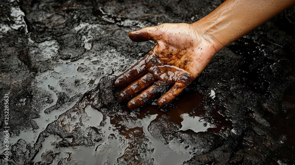 Fototapeta premium A hand with a crude oil stain above the surface of a dense heavy oil container
